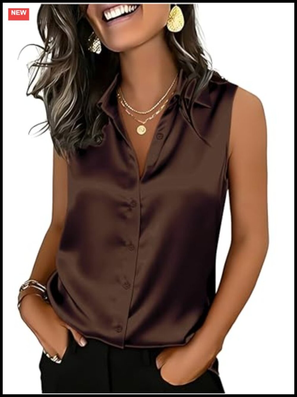 Women's Satin Sleeveless Button Down Blouse V-Neck Work Tank Top